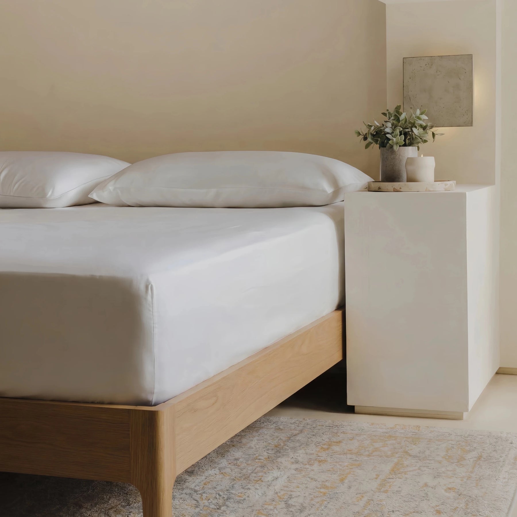 Gökotta bamboo bedding set on bed showing soft, breathable fabric for cooler sleep